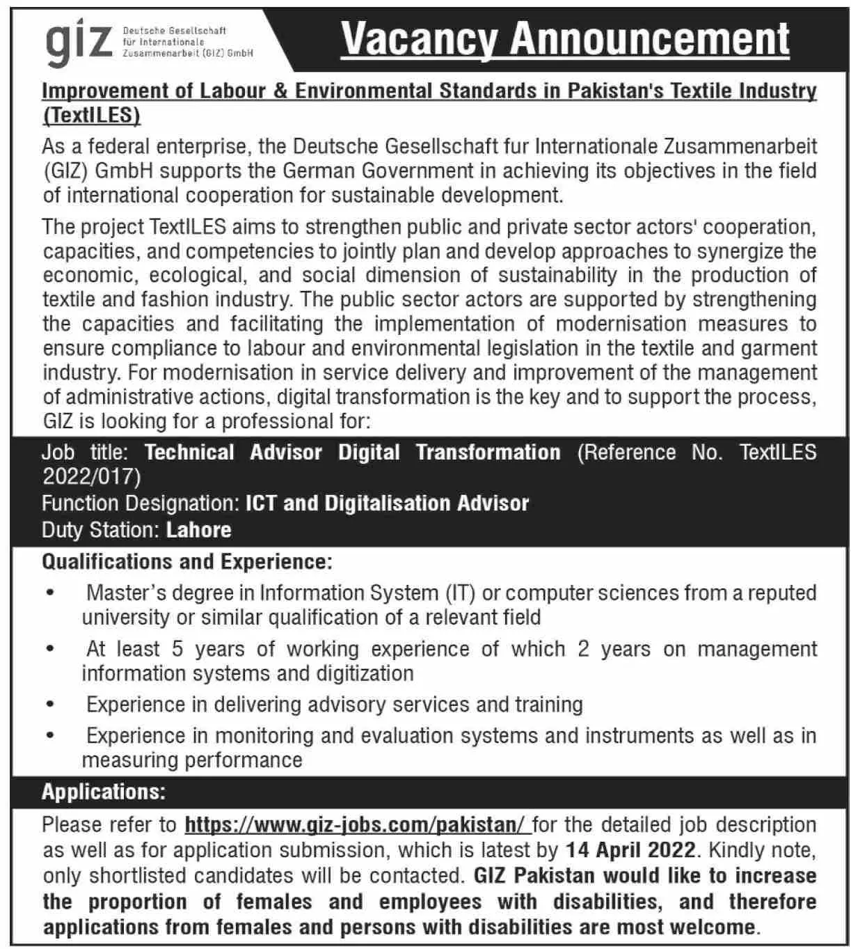 GIZ NGO Islamabad Pakistan Jobs – GIZ Deutsche Gesellschaft für Internationale Zusammenarbeit (GIZ) GmbH Jobs 2022 — original advertisement