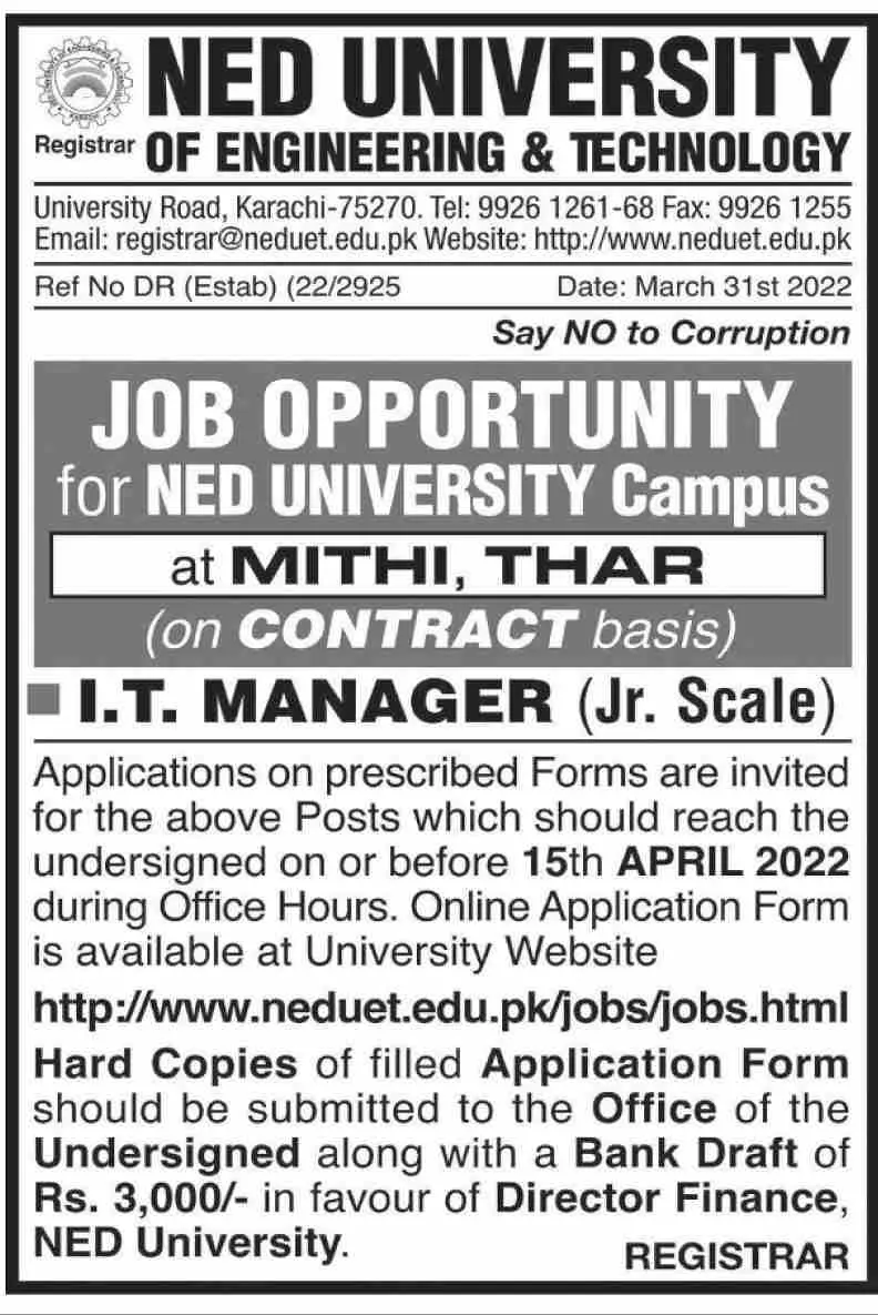 Jobs In NED University of Engineering & Technology – NED University of Engineering and Technology Jobs 2022 — original advertisement