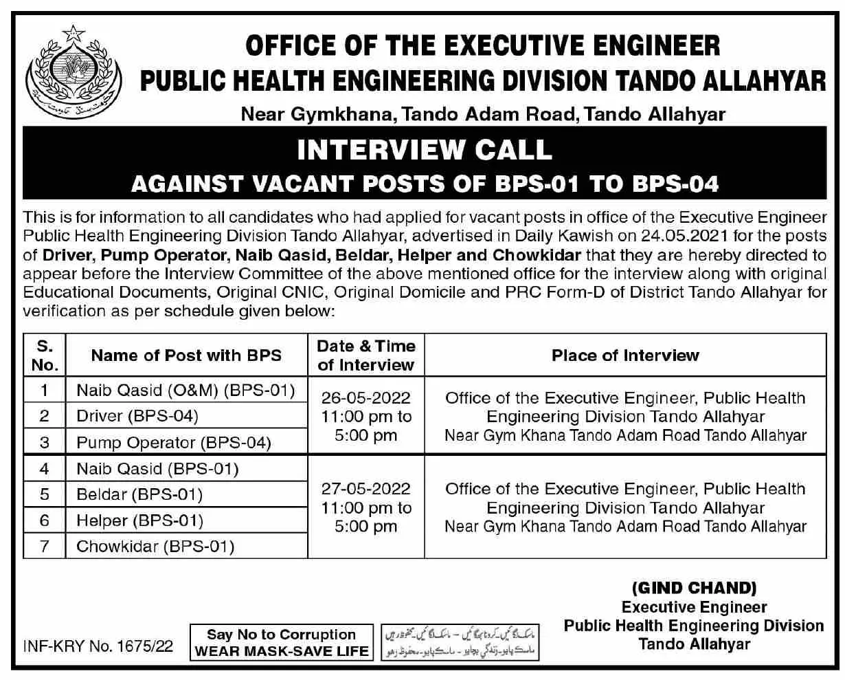 Interview In Public Health Engineering Division – Public Health Engineering Department Sindh Jobs 2022 — original advertisement