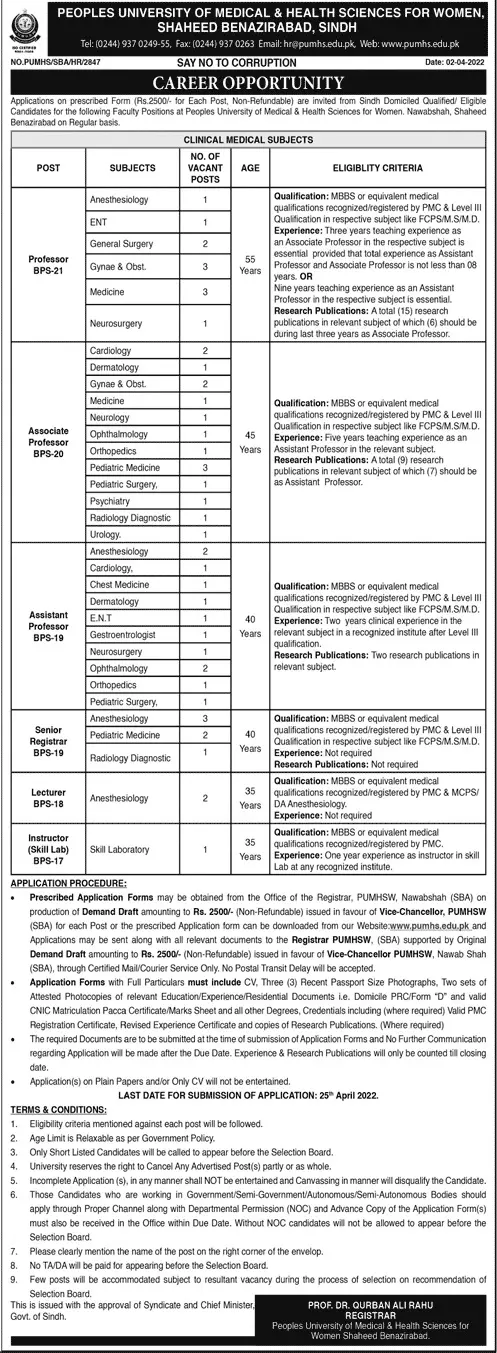 Jobs People's University Medical Sciences for Women Sindh – People's University of Medical & Health Sciences for Women Jobs 2022 — original advertisement
