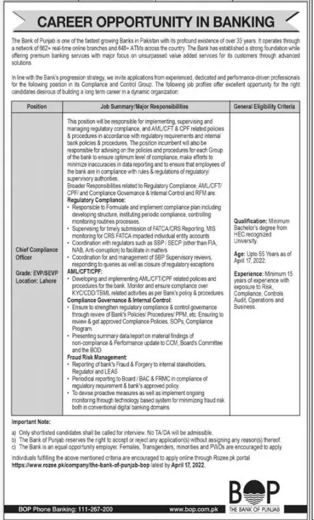 Jobs In Bank Of Punjab Jobs 2022 — original advertisement