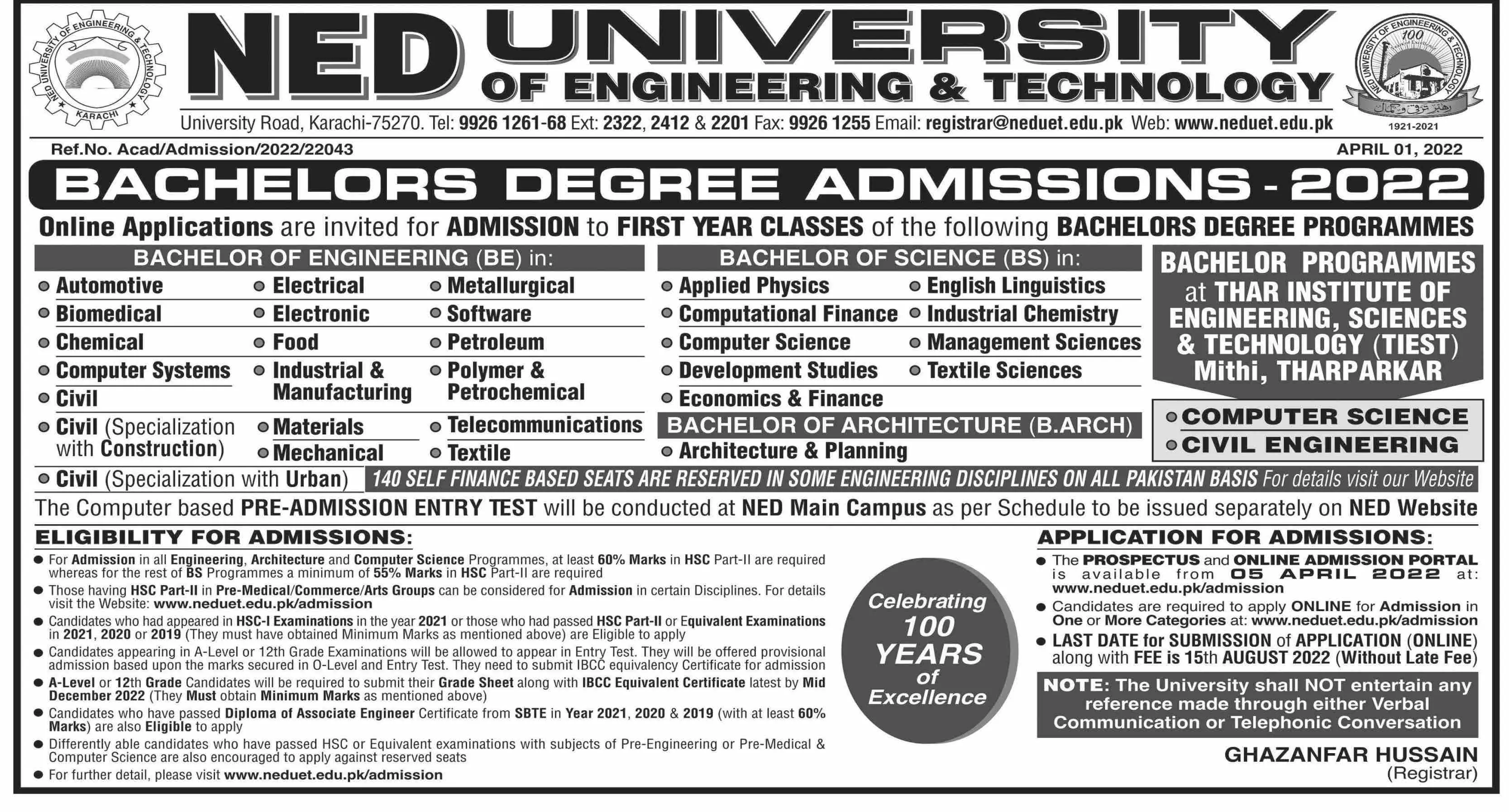 Admissions In Ned University Of Engineering & Technology – NED University of Engineering and Technology Admissions 2022 — original advertisement