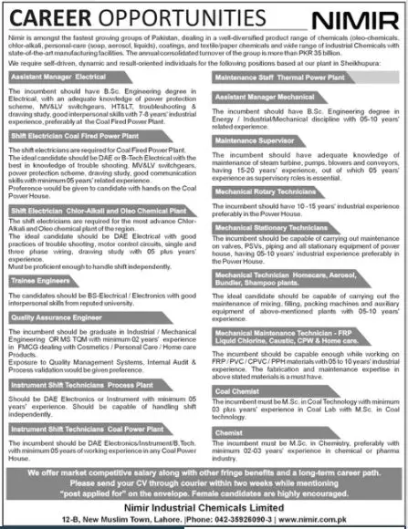 Jobs In Nimir Industrial Chemicals Limited – Private Company Jobs 2022 — original advertisement