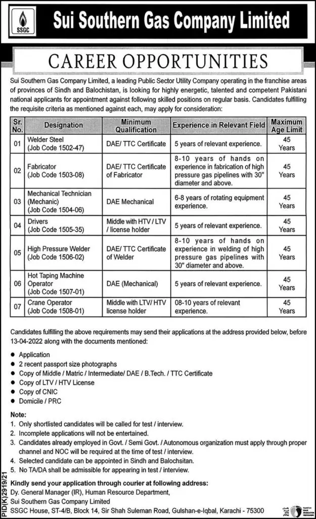 Sui Southern Gas Company SSGC Jobs – Sui Southern Gas Company Limited Jobs 2022 — original advertisement