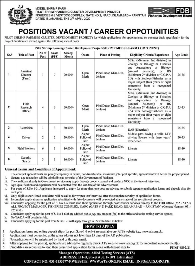 Jobs In Fisheries Development Board FDB Islamabad – Fisheries Development Board Islamabad Jobs 2022 — original advertisement
