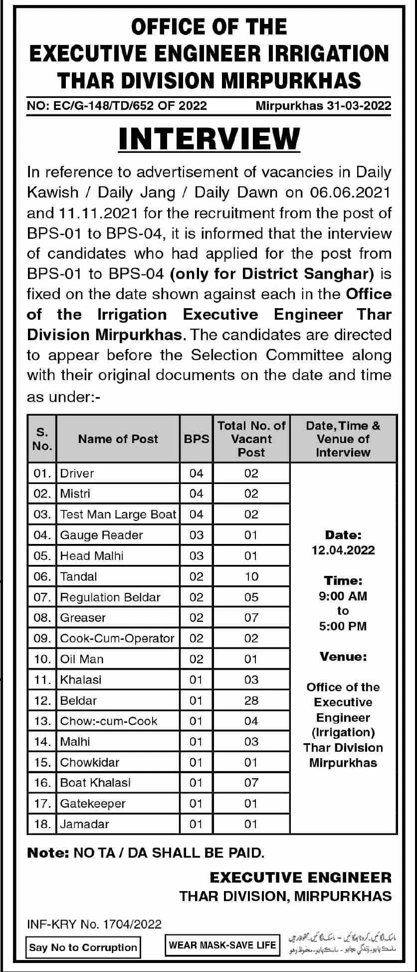 Executive Engineer Irrigation Thar Division Job Interviews – Irrigation Department Sindh Jobs 2022 — original advertisement