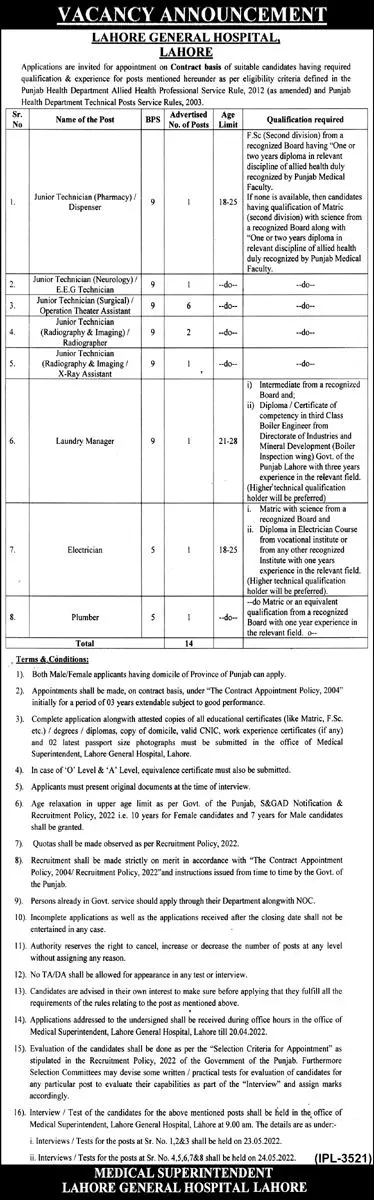 Jobs In Lahore General Hospital Lahore – Health Department Punjab Jobs 2022 — original advertisement