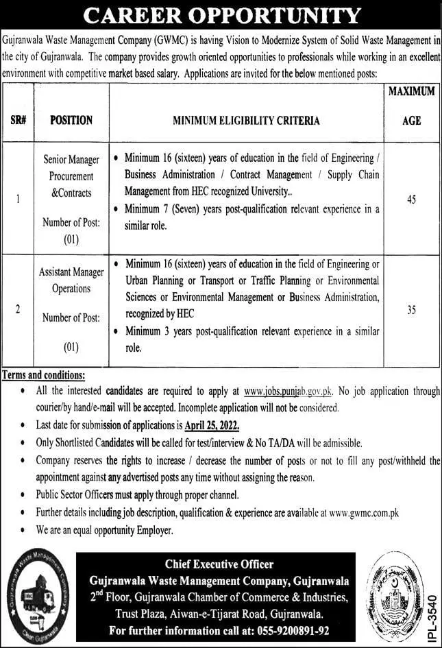 Jobs In Gujranwala Waste Management Company Jobs 2022 — original advertisement