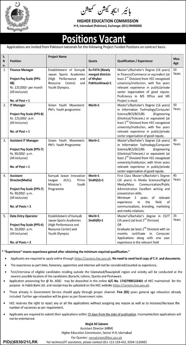 Jobs In Higher Education Commission Islamabad Jobs 2022 — original advertisement