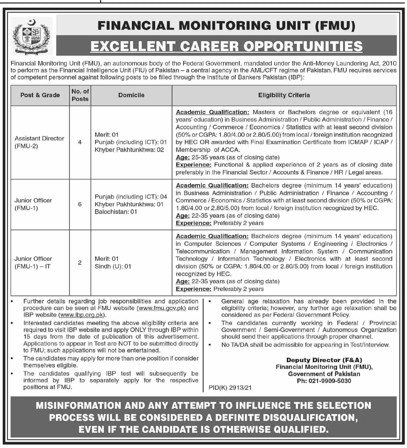 Jobs In Financial Monitoring Unit (FMU) – Federal Government Organization Jobs 2022 — original advertisement
