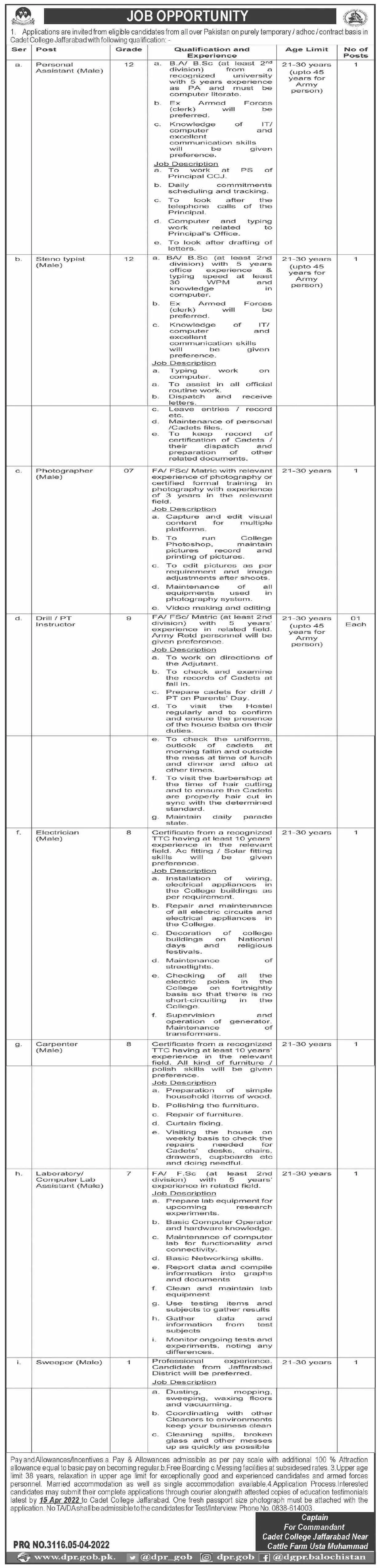 Jobs In Cadet College Jafarabad – Cadet College Jaffarabad Jobs 2022 — original advertisement