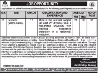 Jobs In Cadet College Mastung – Cadet College Mastung Balochistan Jobs 2022 — original advertisement