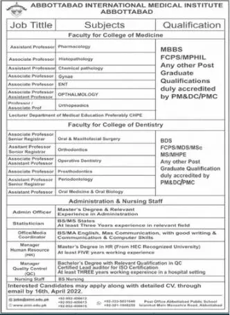 Jobs In Abbottabad International Medical College Abbottabad – Abbottabad International Medical College institute Jobs 2022 — original advertisement
