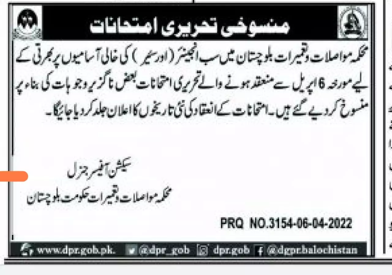 C and W Department Test Schedule 2022 – Communication & Works Department Balochistan Jobs 2022 — original advertisement
