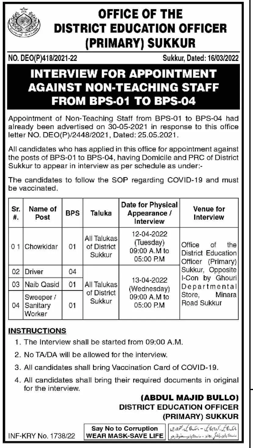 Interview In Office of the District Education Office Sukkur – School Education & Literacy Department Sindh Jobs 2022 — original advertisement