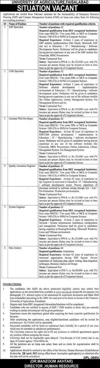 University Of Agriculture Faisalabad Jobs Jobs 2022 — original advertisement