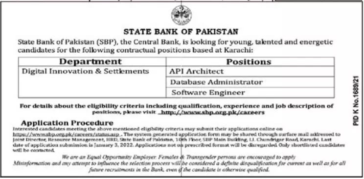 Jobs in Pakistan The State Bank of Pakistan Karachi Jobs 2021 — original advertisement
