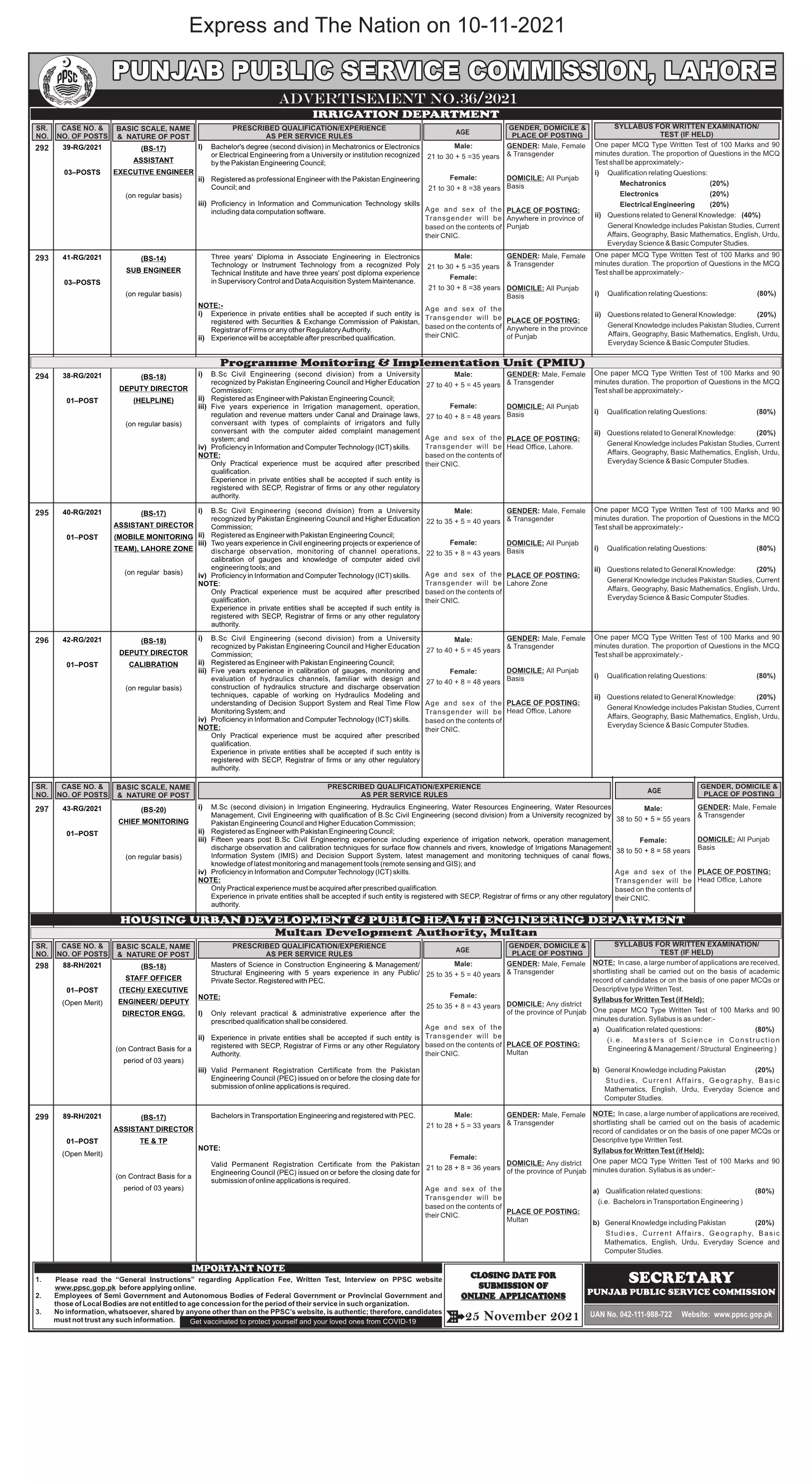Punjab Public Service Commission Jobs 36-2021 – Punjab Public Service Commission Lahore Jobs 2021 — original advertisement