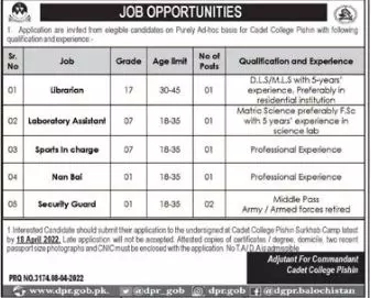 Jobs In Cadet College Pishin Admissions 2022 — original advertisement
