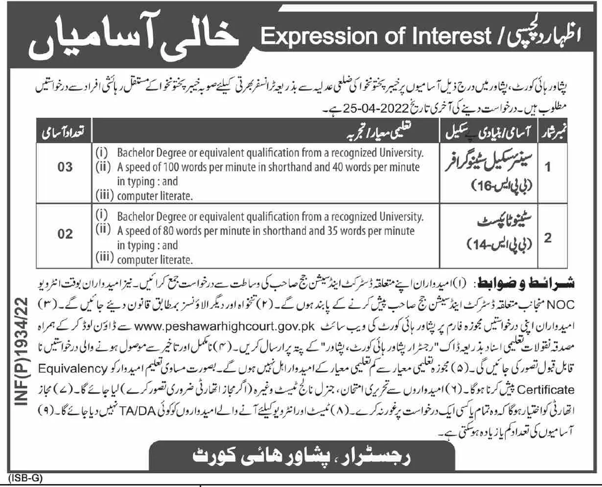Jobs In peshawar High Court – Peshawar High Court, Peshawar Jobs 2022 — original advertisement