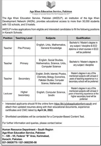 Jobs In Aga Khan education servies – Labour and Human Resource Department Sindh Jobs 2022 — original advertisement