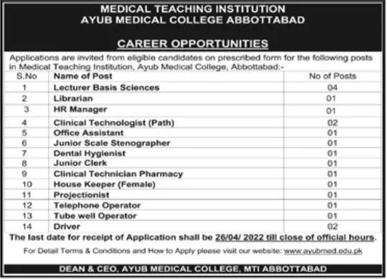 Jobs Ayub Medical College Abbottabad Khyber Pakhtunkhwa – Ayub Medical and Teaching Institution Abbottabad Jobs 2022 — original advertisement