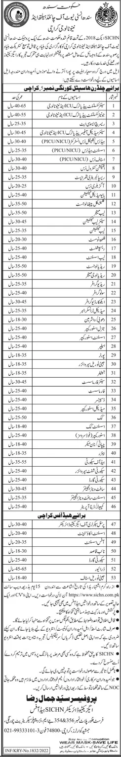Sindh Institute of Child Health Karachi Jobs – National Institute of Child Health (NICH) & School of Nursing Karachi Jobs 2022 — original advertisement