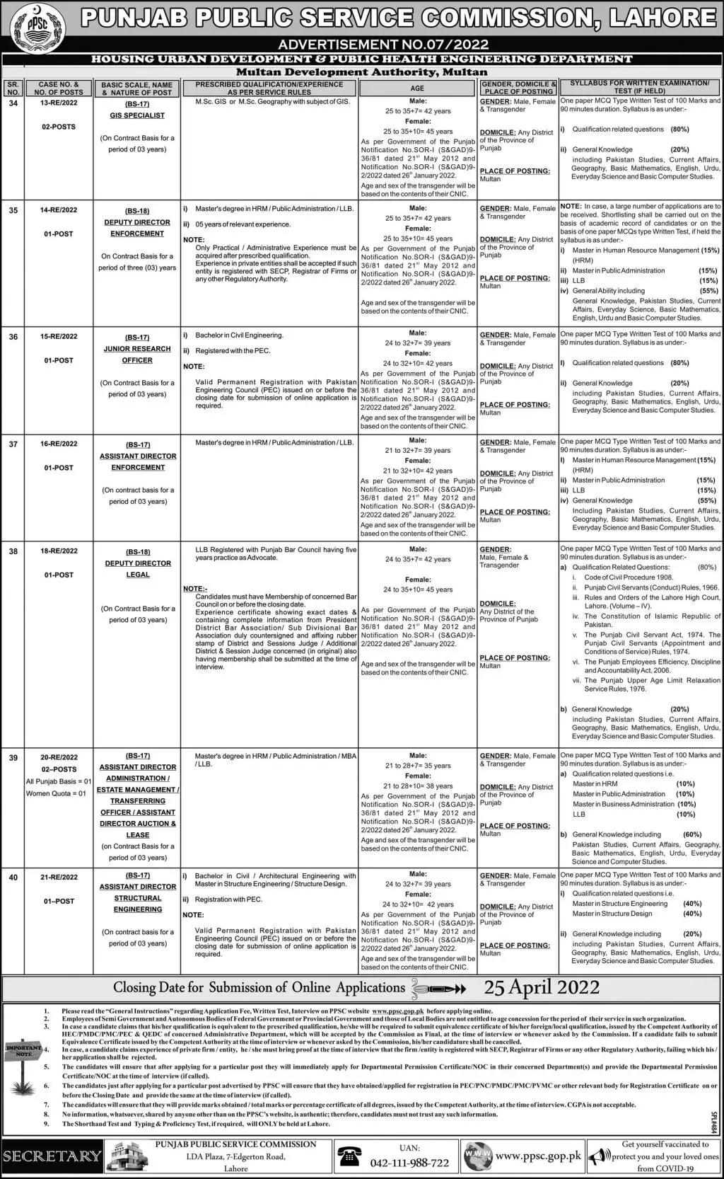 Jobs In Punjab Public Service Commission 7/2022 – Punjab Public Service Commission Lahore Jobs 2022 — original advertisement