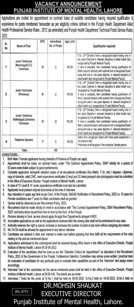 Jobs In Punjab Institute of Mental Health Lahore Jobs 2022 — original advertisement