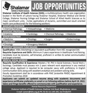 Shalamar Institute of Health Sciences Lahore Jobs – Labour & Human Resource Department Punjab Jobs 2022 — original advertisement