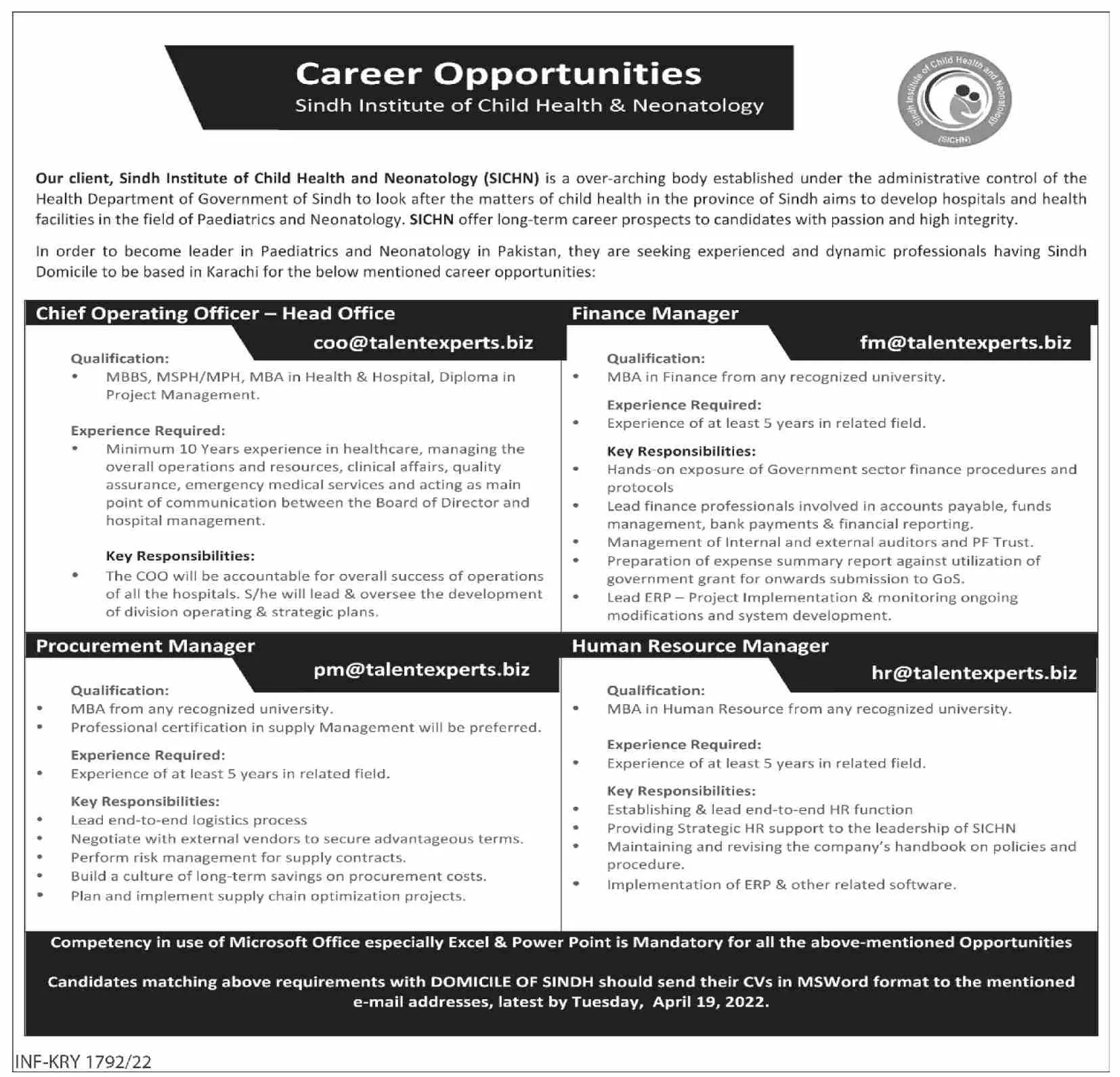 Sindh Institute of Child Health & Neonatology Karachi Jobs – Govt of Sindh Jobs 2022 — original advertisement