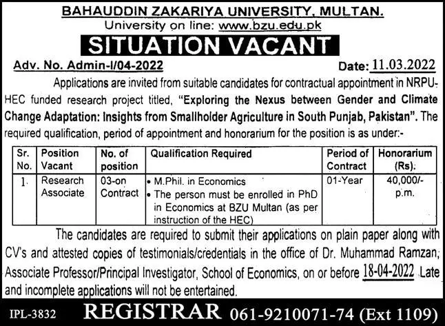 Jobs In Bahauddin Zakariya University, Multan – Bahauddin Zakariya University Multan Jobs 2022 — original advertisement