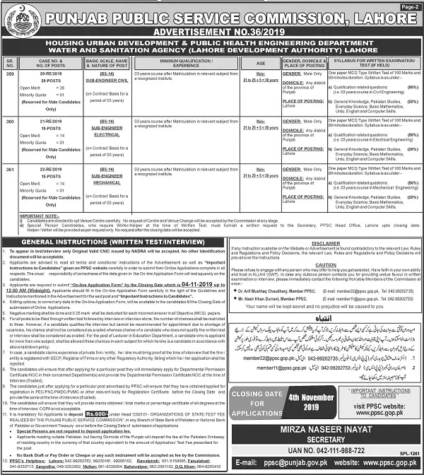 Jobs PPSC Lahore Adv No 36/2019 – Punjab Public Service Commission Lahore Jobs 2019 — original advertisement