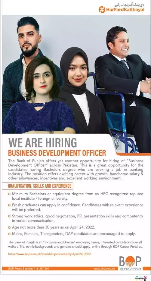 Bank of Punjab BOP Jobs 2022 Jobs 2022 — original advertisement