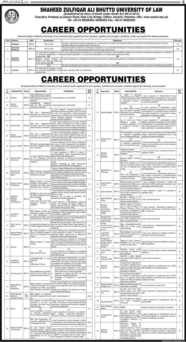 Jobs Shaheed Z.A Bhutto University of Law Karachi – Shaheed Zulfiqar Ali Bhutto University of Law Karachi Jobs 2021 — original advertisement