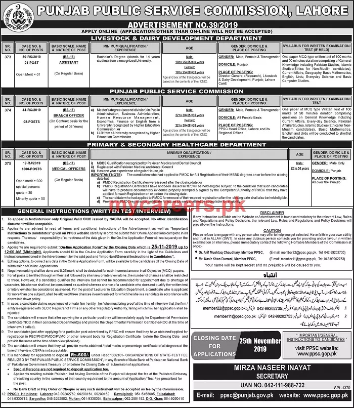 Jobs Punjab Public Service Commission Lahore 39/2019 Jobs 2019 — original advertisement