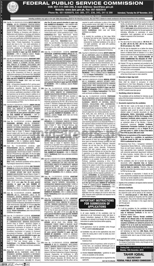 Jobs Federal Public Service Commission Islamabad Adv:12/2019 Jobs 2019 — original advertisement