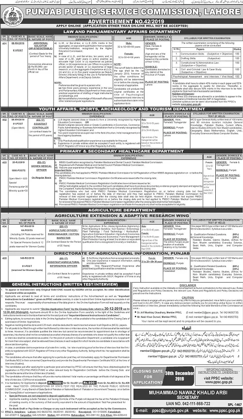 Jobs Punjab Public Service Commission Lahore Adv No.42/2019 Jobs 2019 — original advertisement