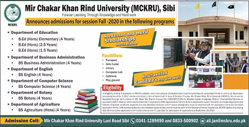 Admissions Mir  Chaker Khan Rindh University MCKRU Sibi – Mir Chakar Khan Rind University Sibi Admissions 2020 — original advertisement