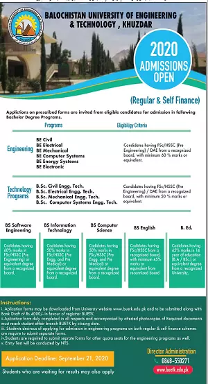 BUETK University Khuzdar Admissions 2020 – Balochistan University of Engineering and Technology BUETK Khuzdar Admissions 2020 — original advertisement