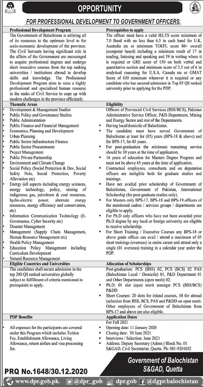 Scholarships for Govt Employees of Balochistan – Govt of Balochistan Scholarships 2021 — original advertisement