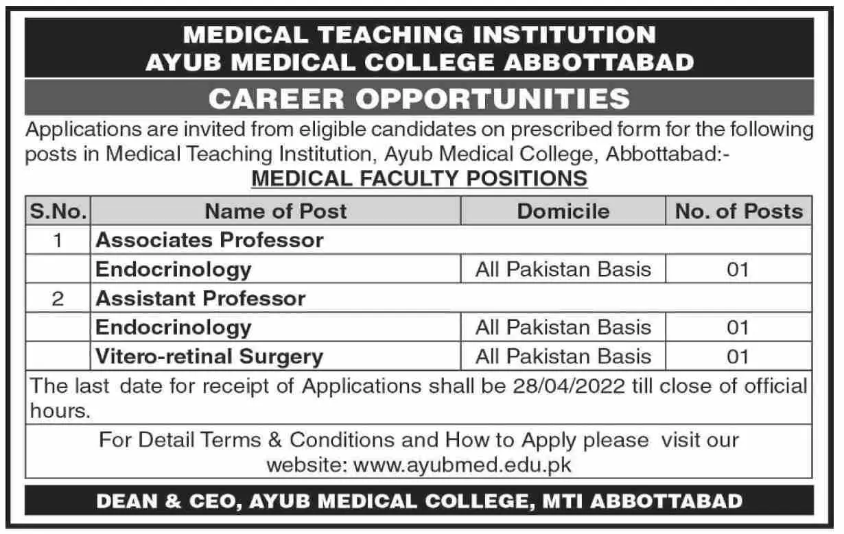 Jobs In Ayub Medical College  Abbottabad. – Ayub Medical and Teaching Institution Abbottabad Jobs 2022 — original advertisement
