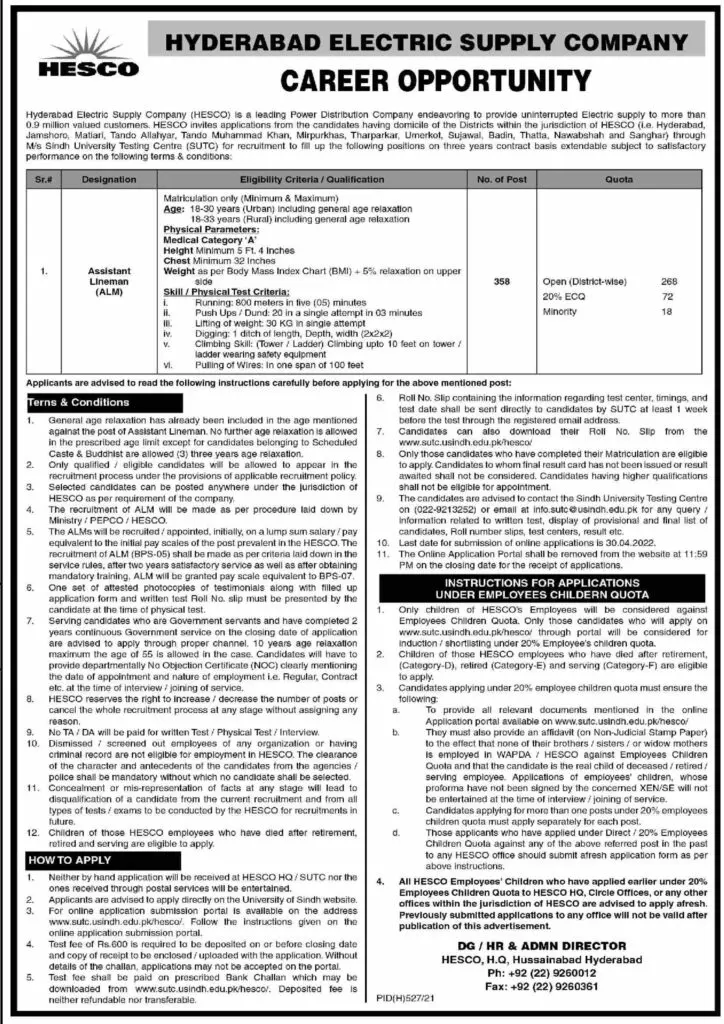 Hyderabad Electric Supply Company HESCO Jobs Jobs 2022 — original advertisement