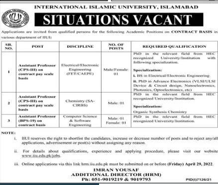 Jobs In International Islamic University Islamabad Jobs 2022 — original advertisement