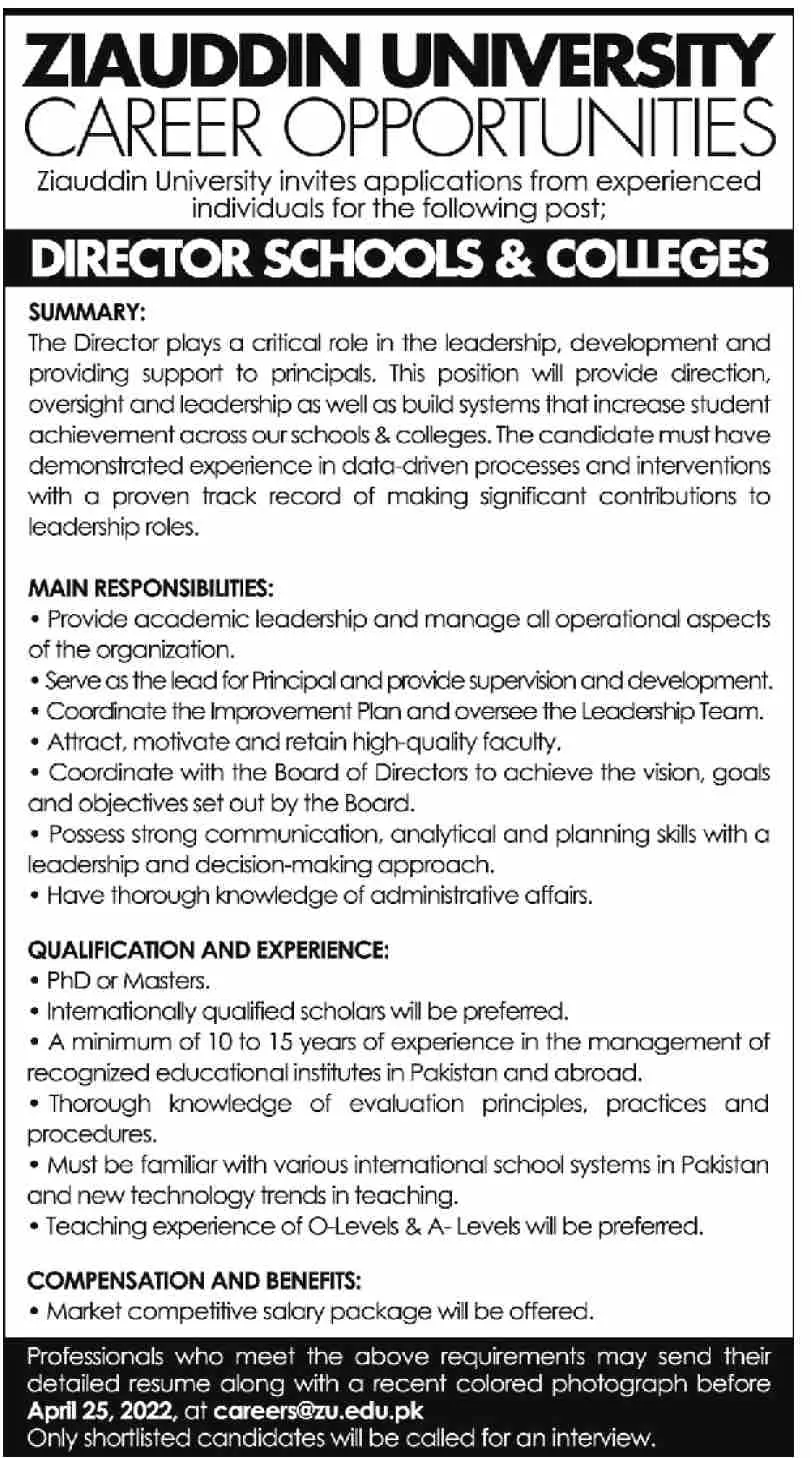 Jobs In Ziauddin University Karachi Jobs 2022 — original advertisement