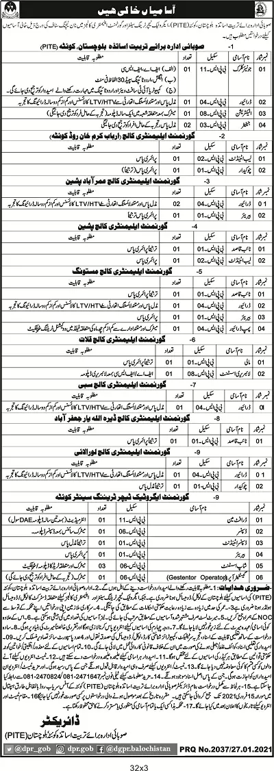 Jobs PITE Balochistan – Provincial Institute of Teachers Education PITE Balochistan Jobs 2021 — original advertisement