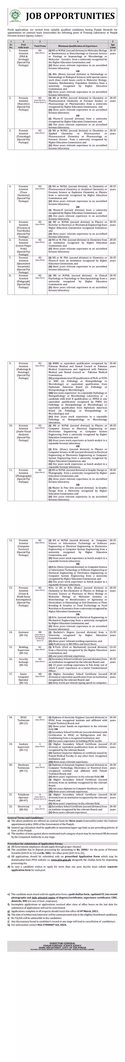 Punjab Forensic Science Agency PFSA Jobs 2021 Jobs 2021 — original advertisement