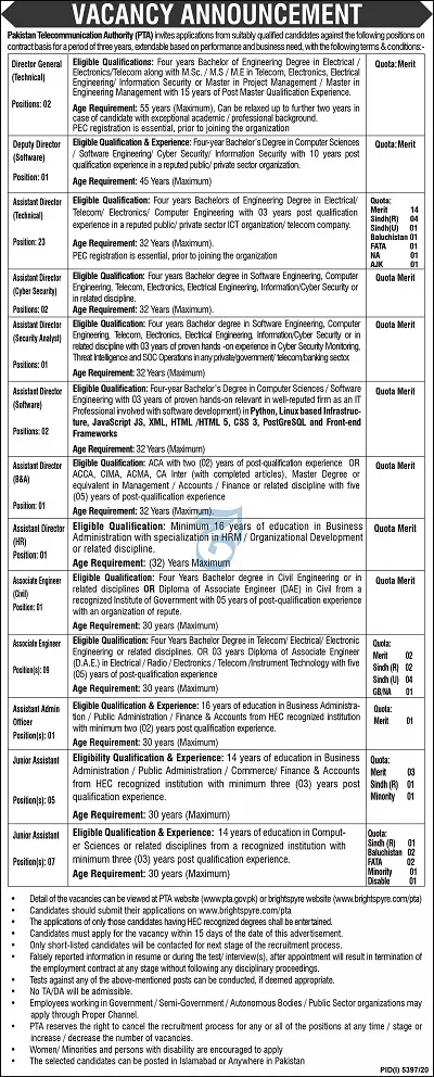 Pakistan Telecommunication Authority PTA Jobs 2021 – Pakistan Telecommunication Authority PTA Islamabad Jobs 2021 — original advertisement