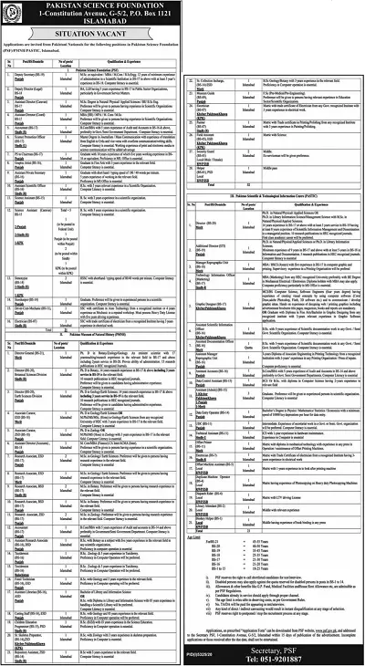 Pakistan Science Foundation PSF Jobs 2021 – Pakistan Science Foundation Islamabad Jobs 2021 — original advertisement