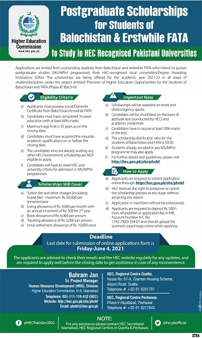 Scholarship For Students Of Balochistan & FATA – Higher Education Commission Islamabad Scholarships 2021 — original advertisement